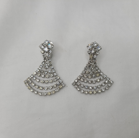 RARE Vintage Sherman Dangle Clip On Earrings Silver Tone Rhinestone Signed - Picture 3 of 7